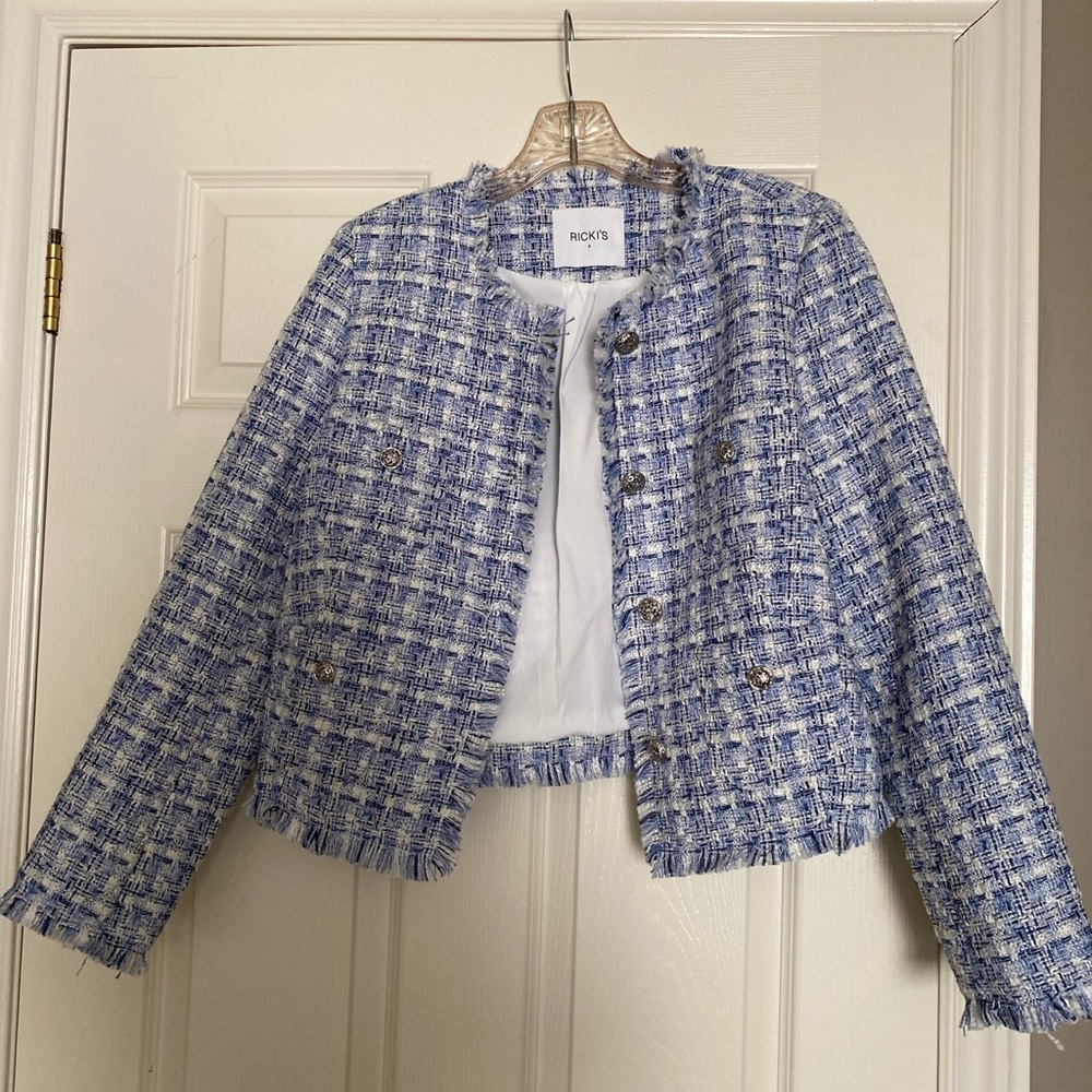 Ricki's Blue & White Tweed Fringe Cropped Blazer